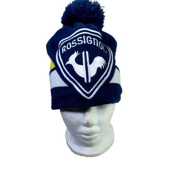 Rossignol ~ Logo Ski Hat Cap Beanie ~ Blue White Green~ Lined 22 "Inside PopPom - Picture 3 of 10